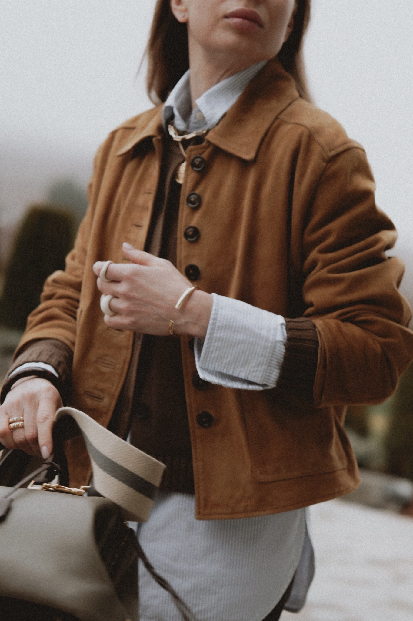 Ready for spring layers: suede overshirt + fitted cardigan over a striped boyfriend shirt. Accessorized with bold jewelry. 
Necklace: Kinn Rome 
Jacket: Mango
Shirt: Golden Goose
Cardigan: Gap
Bag: Celine 
