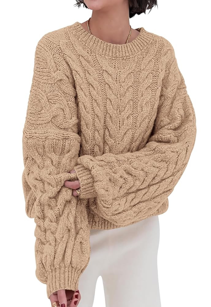 PRETTYGARDEN Womens Sweaters Fall 2025 Cable Knit Long Sleeve Crewneck Oversized Sweater Chunky P... | Amazon (US)