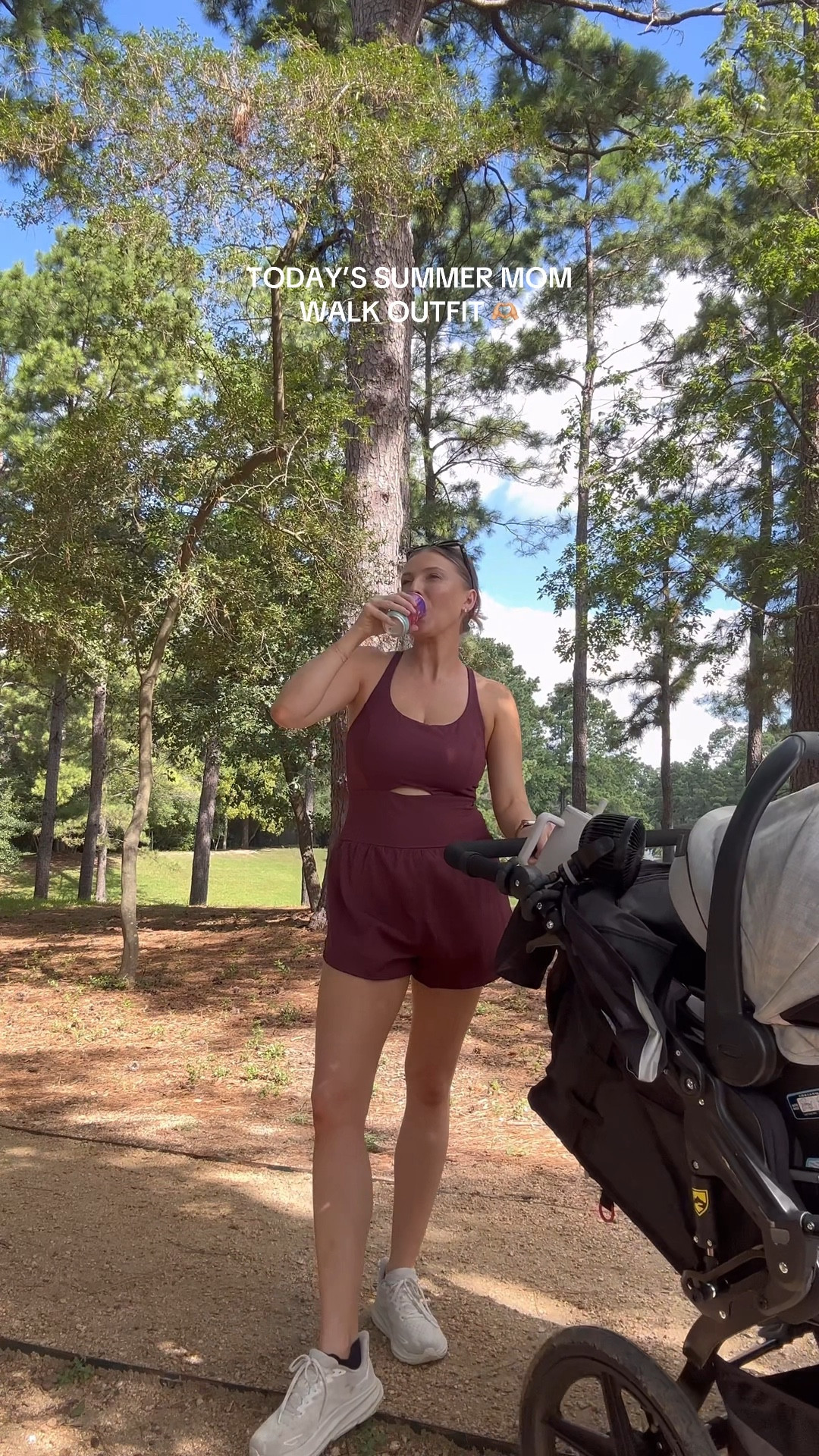 Casual summer mom walk outfit | I’m wearing a M in the romper! 