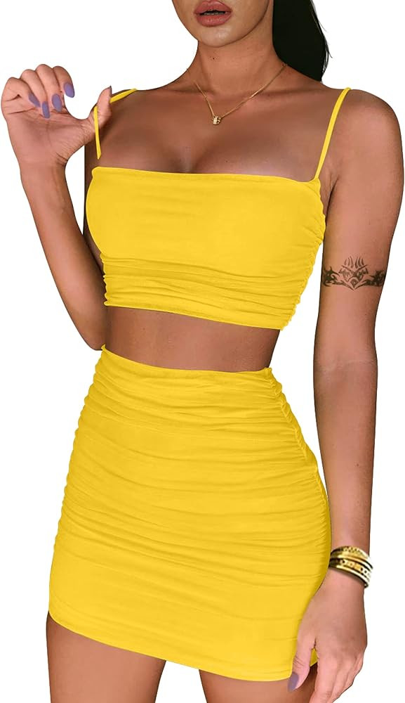 BEAGIMEG Women's Ruched Cami Crop Top Bodycon Skirt 2 Piece Outfits | Amazon (US)