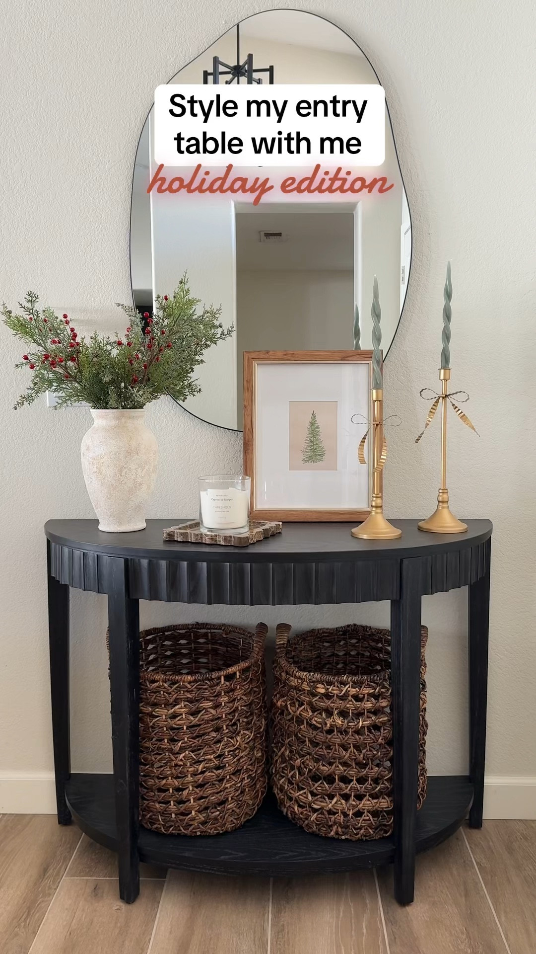 Entry table styling for the holidays! 
I am still loving this organic shaped mirror and scalloped half moon table.

The bow candle holders are not linkable, found at Kirklands! 
#entrytable #entrywaydecor #consoletable #consoletablestyling #holidaydecor #christmasdecor #christmas2024 


#LTKSeasonal #LTKHome #LTKHoliday