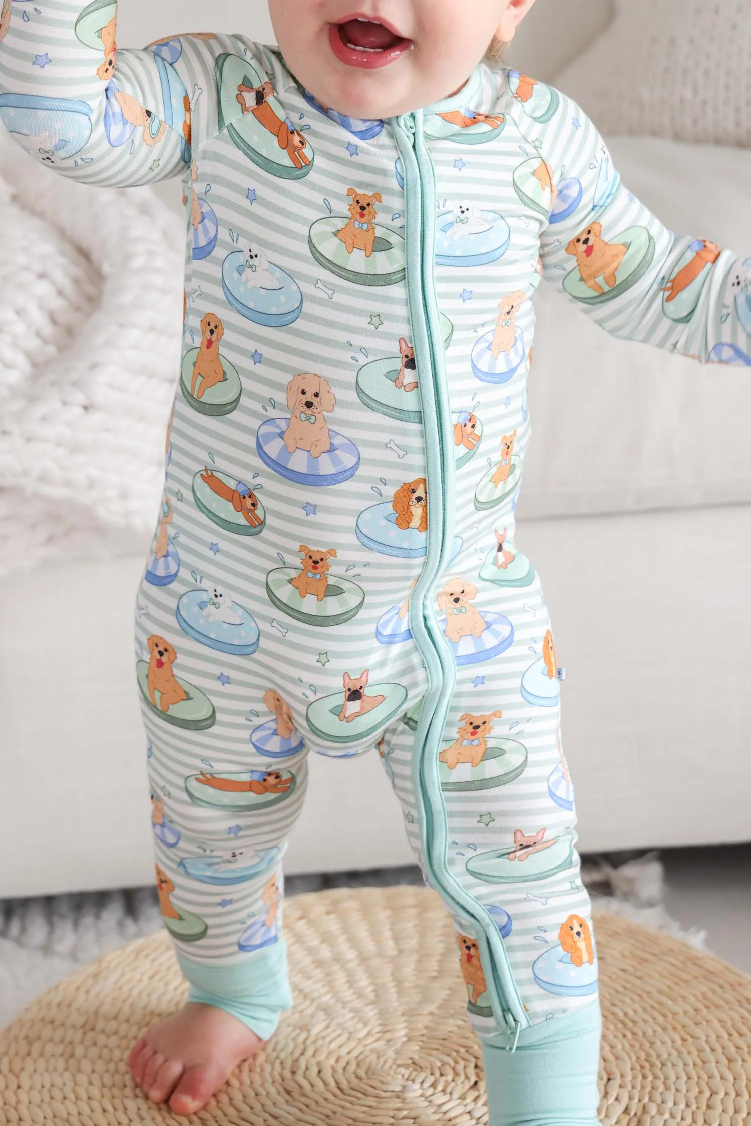 Convertible Bamboo Zip Romper | Poolside Pups Blue | Caden Lane