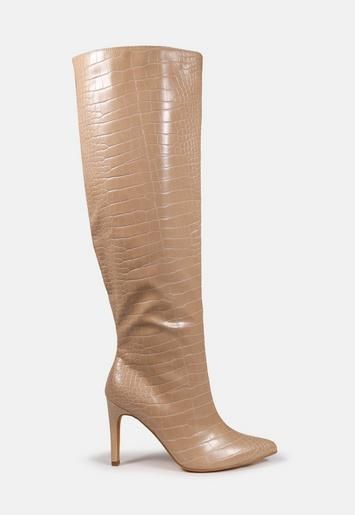 Sand Croc Over The Knee Mid Heel Boots | Missguided (US & CA)