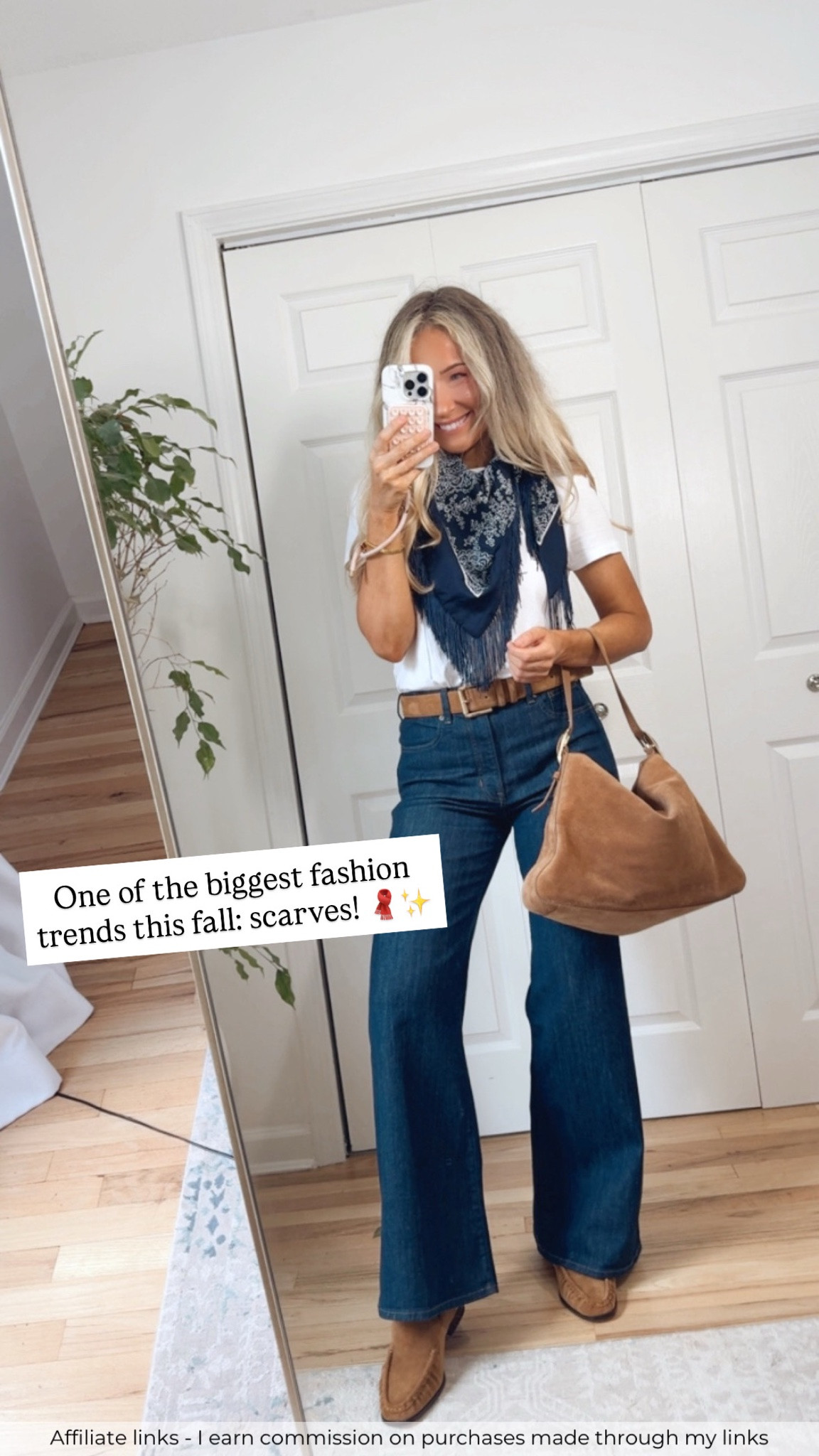 Affiliate links - I earn commission on purchases made through my links

Casual fall outfits
Walmart scarf
J.Crew wide leg jeans
J.Crew white tshirt
Tan suede bag
Tan suede loafers