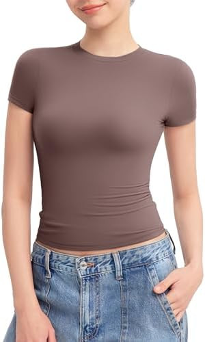 PUMIEY Women's Crew Neck Short Sleeve Tops Double Lined Slim Fit T Shirts Basic Tee Smoke Cloud P... | Amazon (US)
