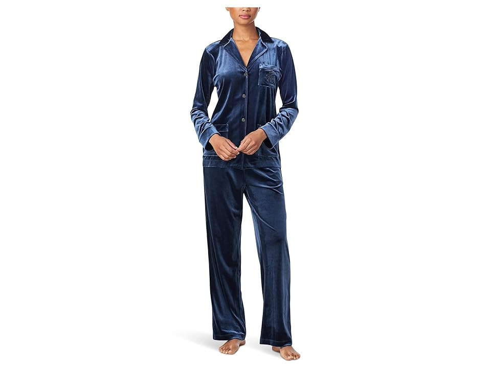 Lauren Ralph Lauren Long Sleeve Velvet Notch Collar Long PJ Set Women's Pajama Sets Blue : LG (US 12-14), Velvet/Spandex/Polyester | Zappos