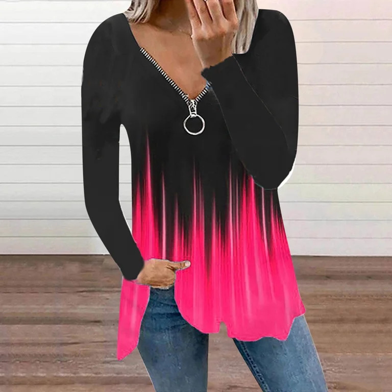 ClodeEU Women'S V-Neck Loose Zipper Gradient Print Tops Casual Long Sleeve Blouse (Hot Pink 8(L)) | Walmart (US)