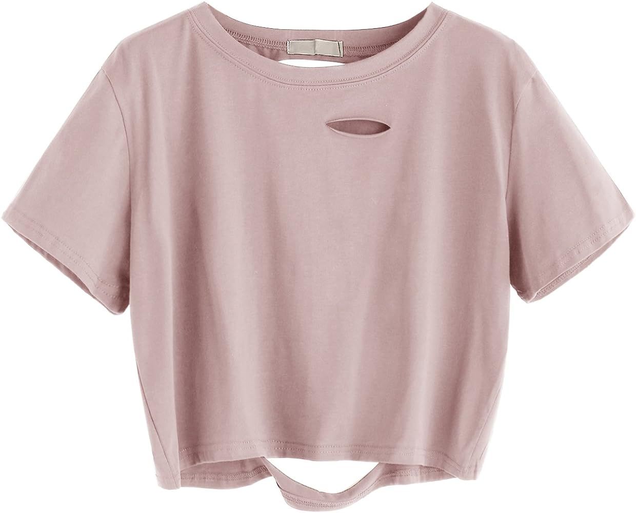 SweatyRocks Women's Summer Short Sleeve Tee Distressed Ripped Crop T-Shirt Tops | Amazon (US)