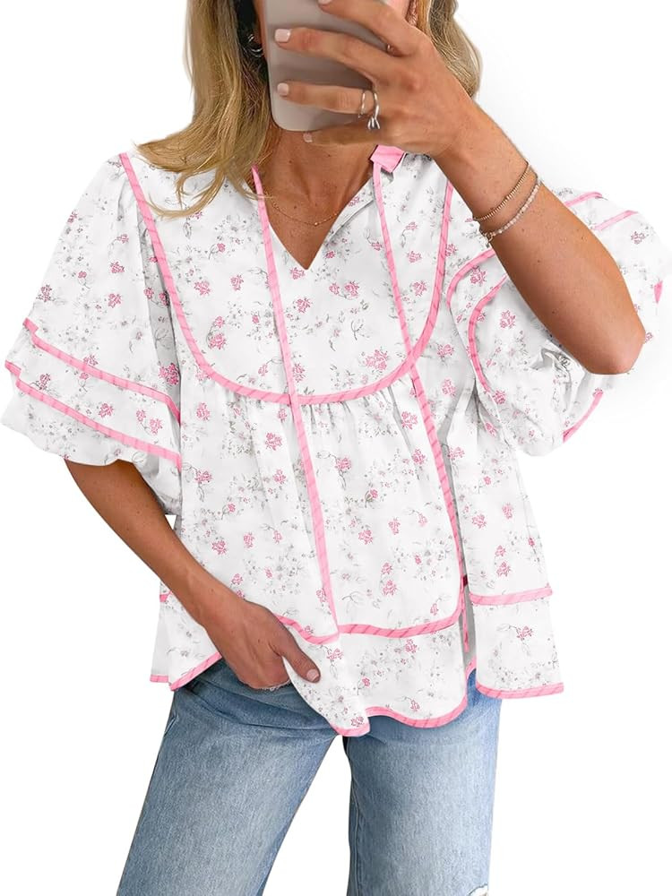 Cicy Bell Womens Summer Floral Babydoll Tops V Neck Short Lantern Sleeve Shirts Cute Loose Fit Fl... | Amazon (US)