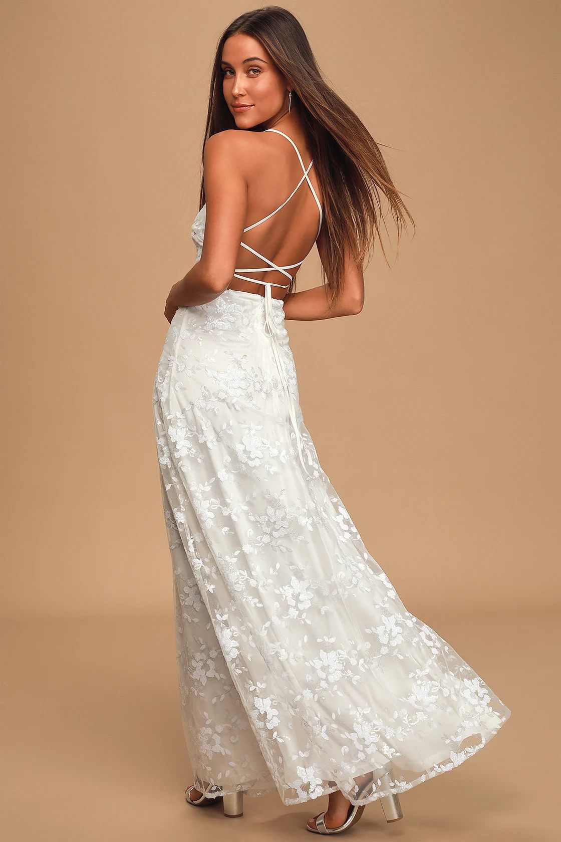 Magically Charming White Sequin Embroidered Lace-Up Maxi Dress | Lulus