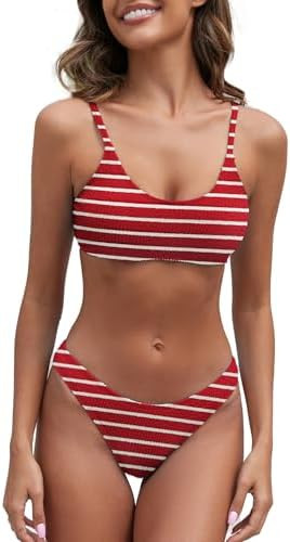 Women's Ribbed Bikini Sets Scoop Neck Cheeky Swimsuit Textured Two Piece Bathing Suit | Amazon (US)