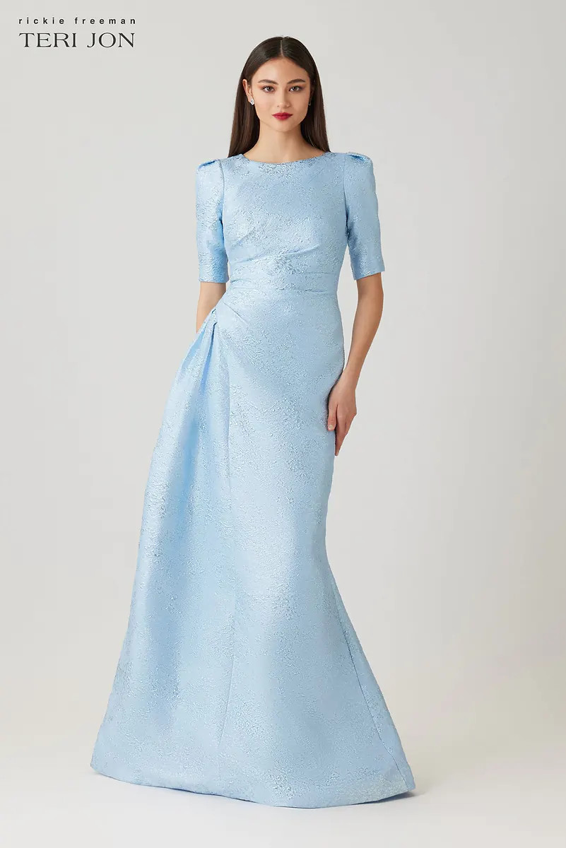 Metallic Jacquard Side Drape Gown | TERI JON