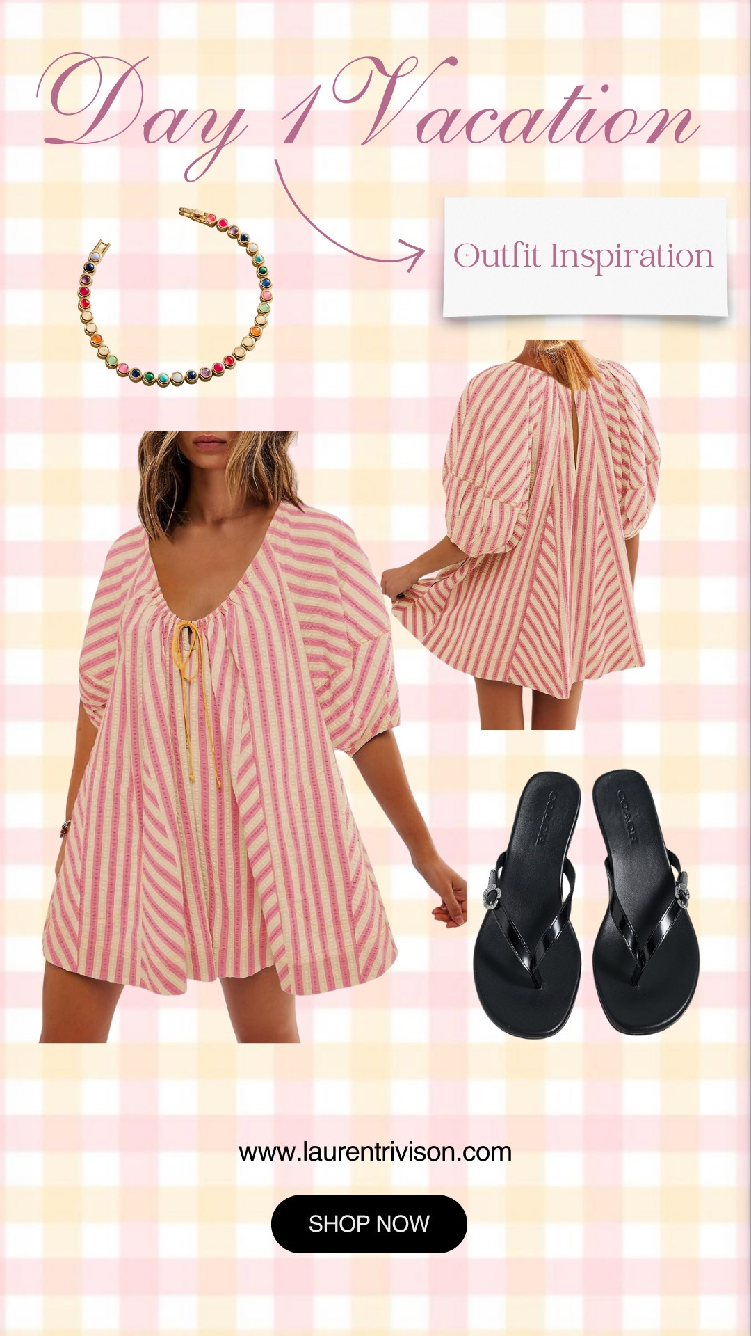 For your day one vacation look! 🌴✈️ This striped mini dress is giving all the right summer energy. Perfect easy and breezy. So cute for straight off the plane or to the beach 🩷 Style it with some comfy black flip flops and a colorful necklace to add a little fun to the look! 

 #LTKootd #LTKSeasonal #LTKMidsize