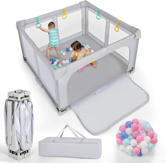 Costzon Foldable Playpen for Babies, 50''x50'' Portable Baby Play Pen with 50 PCS Ocean Balls, 4 ... | Amazon (US)