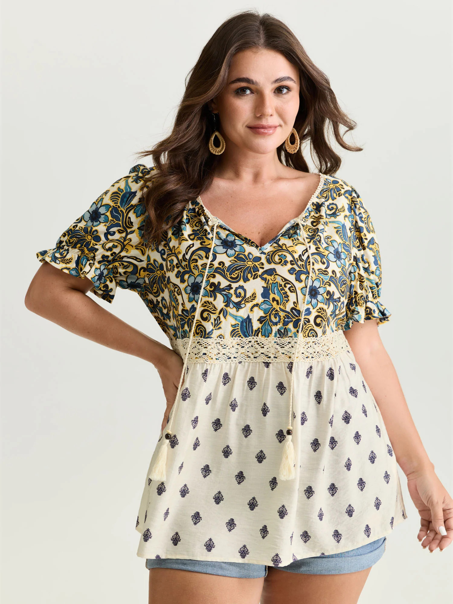 Floral Print Lace Neckline Flowy Blouse | Bloomchic