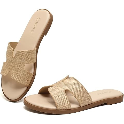 Rihero Women's Dressy Flat Sandals Comfortable Slip On Leather Slide Sandals | Amazon (US)