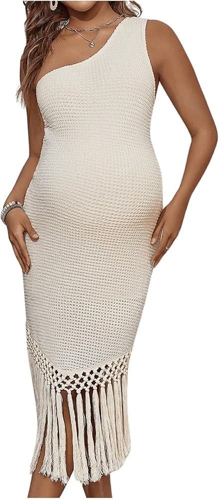 MakeMeChic Women's Maternity Dress One Shoulder Sleeveless Fringe Hem Bodycon Midi Pregnancy Dres... | Amazon (US)