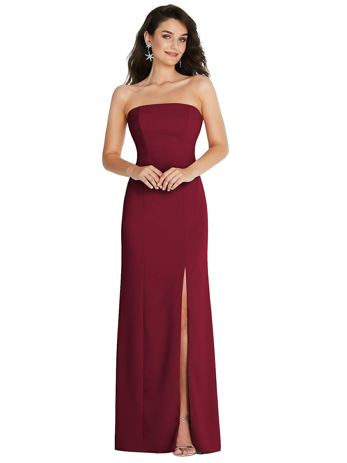 Strapless Scoop Back Maxi Dress with Front Slit in Burgundy | Dessy Group