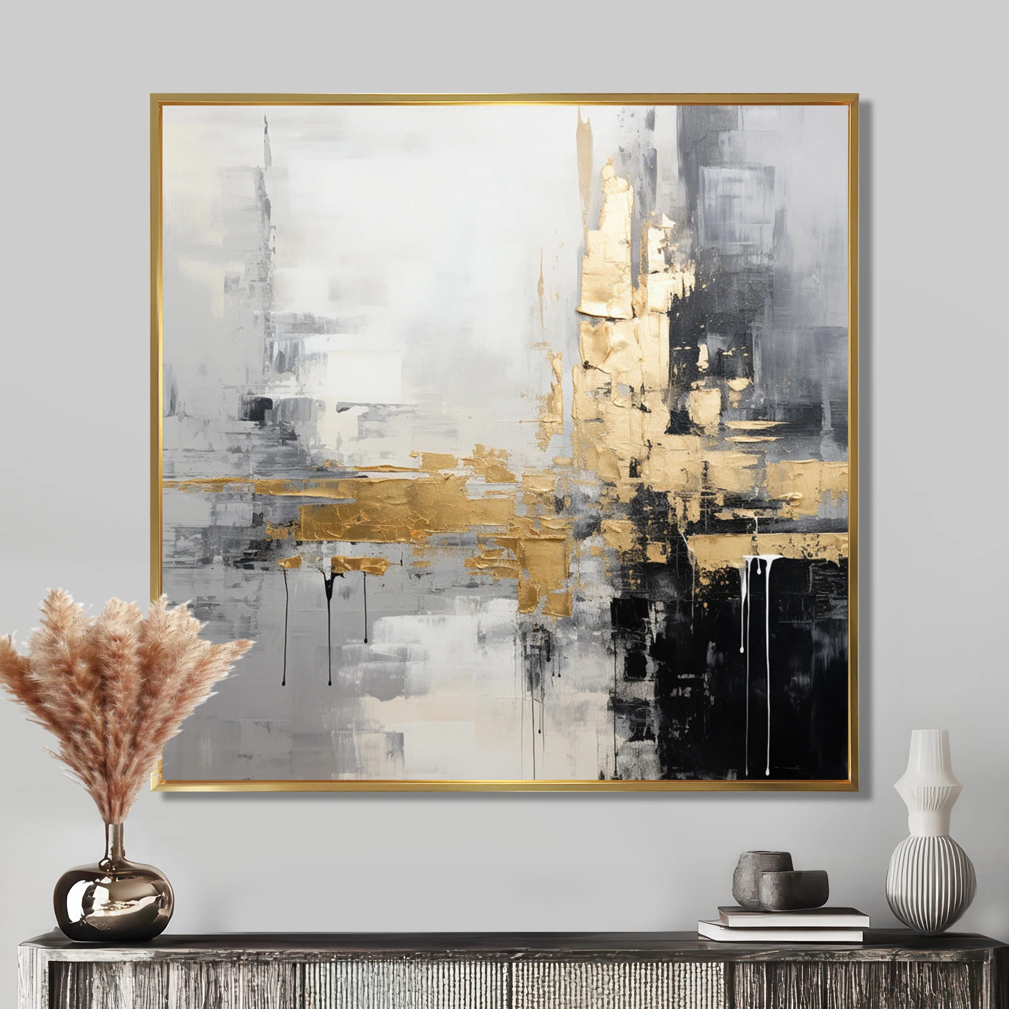 Ivy Bronx Gold Golden City White Gray Black - Abstract Wall Art Living Room | Wayfair | Wayfair North America