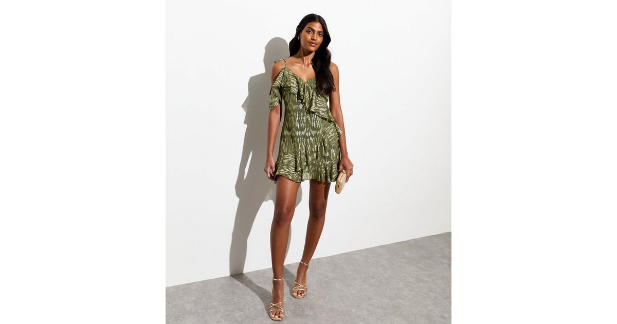 Green Foil Print Strappy Ruffle Mini Dress | New Look | New Look (UK)