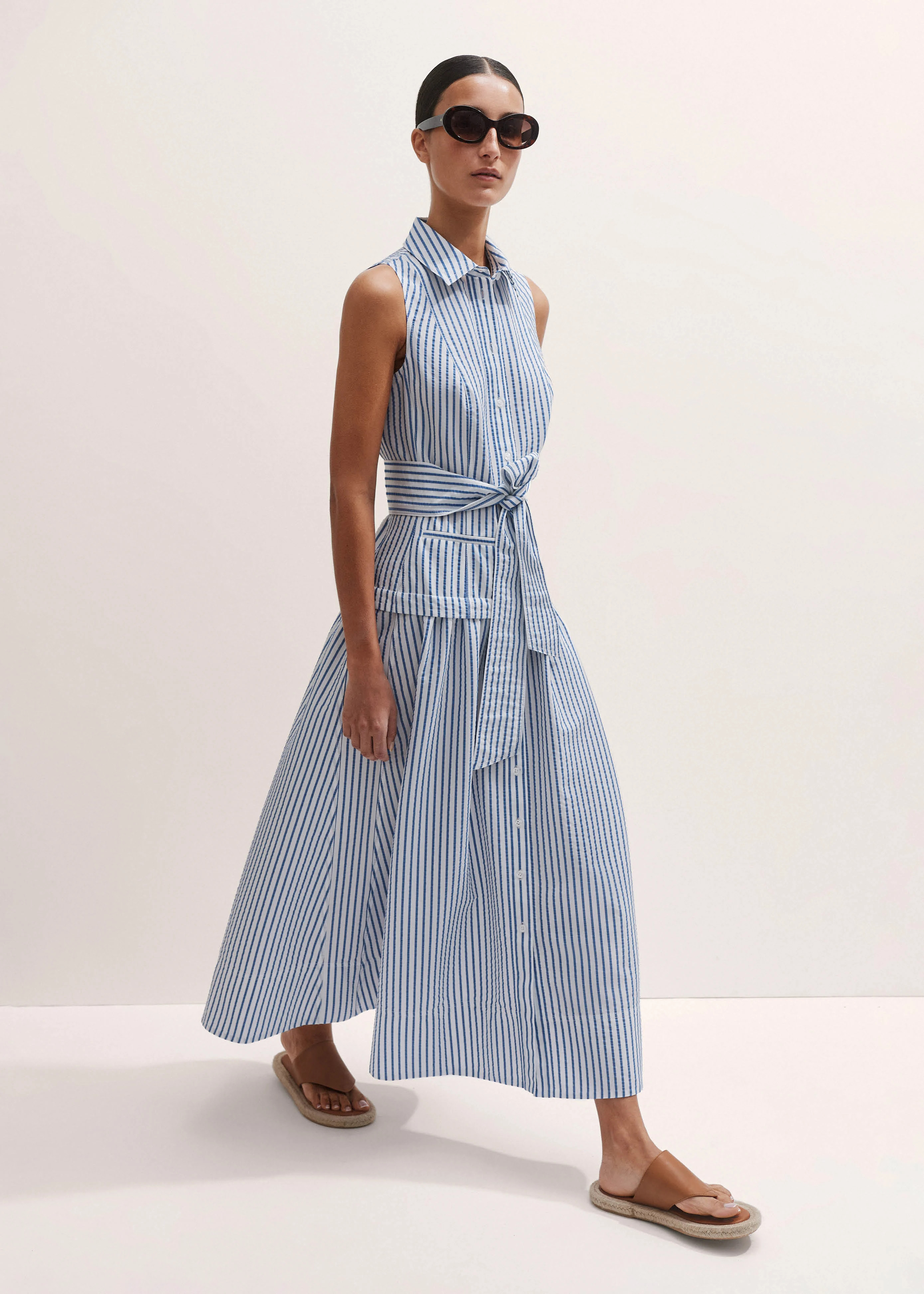 Italian Seersucker Stripe Maxi Shirt Dress Italian Cotton Blend | ME+EM US