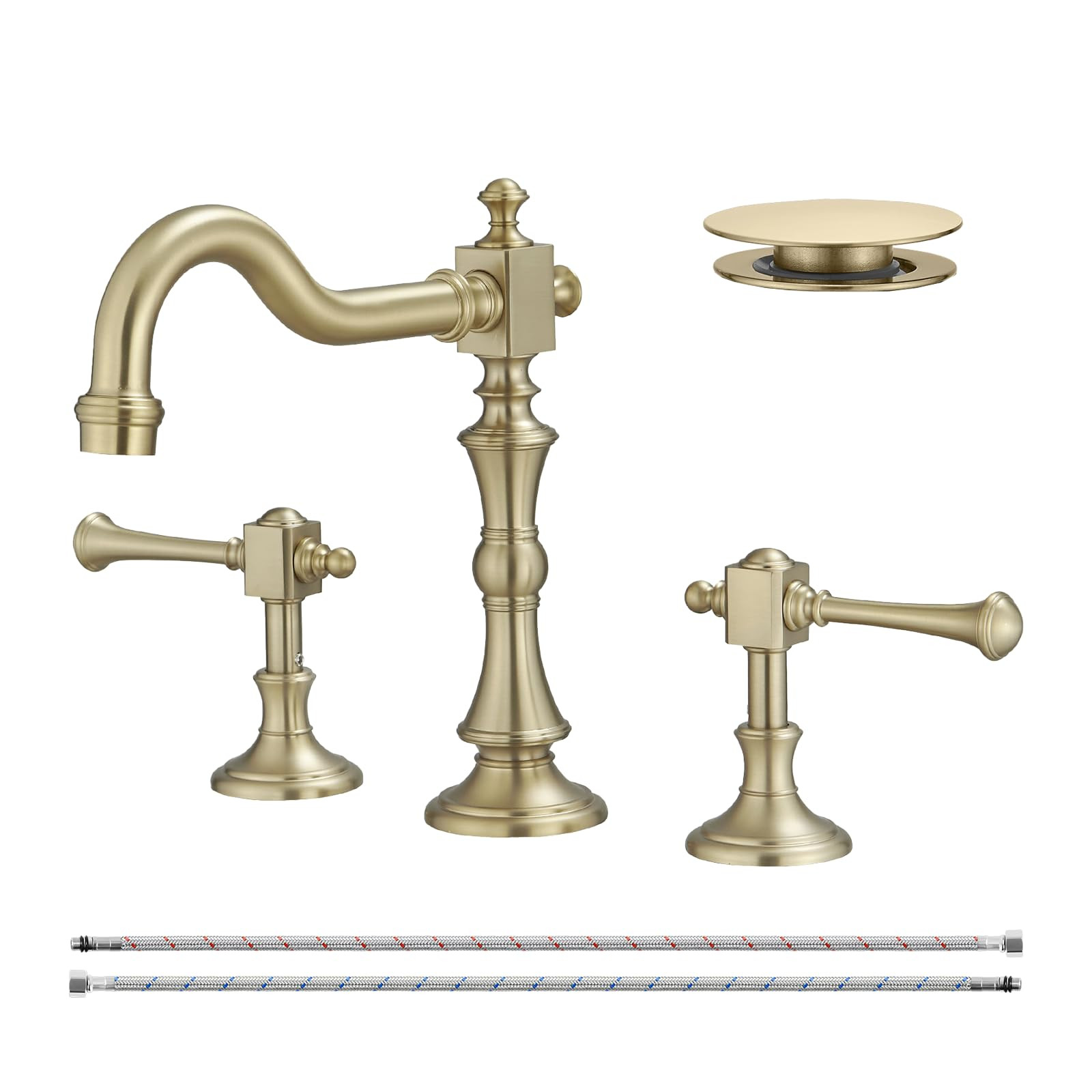 BWE 8 Inch Vintage Brass Bathroom Faucet for Sink 3 Hole Brushed Gold Bathroom Sink Faucet with P... | Amazon (US)