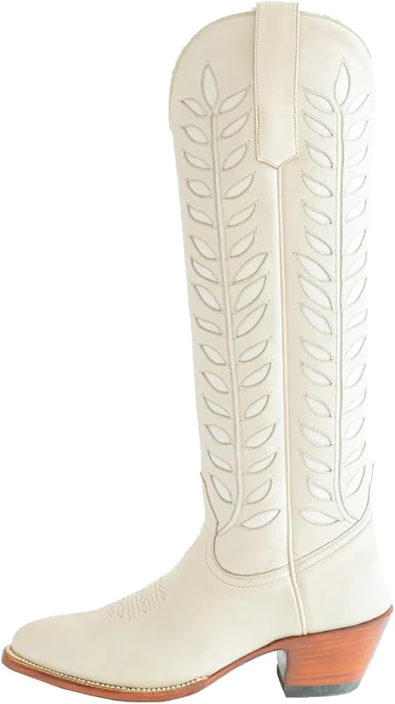 Embroidered Cowboy Boots for Women Almond Round Toe Chunky Heel Cowgirl Boots Pull On Knee High W... | Amazon (US)