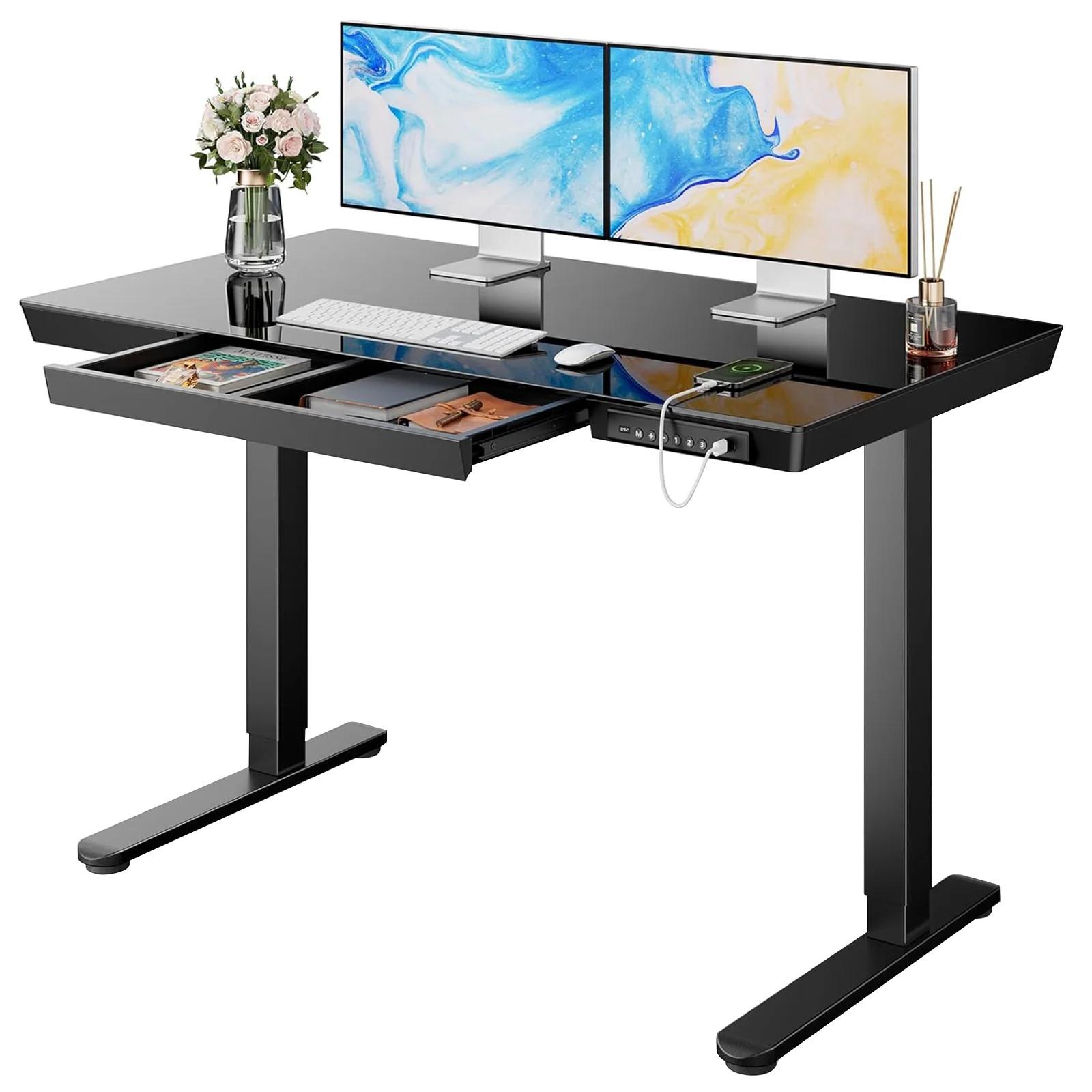 CHITOOMA One Piece Black Glass Top Standing Desk, 48" x 24" Electric Height Adjustable Office Des... | Walmart (US)