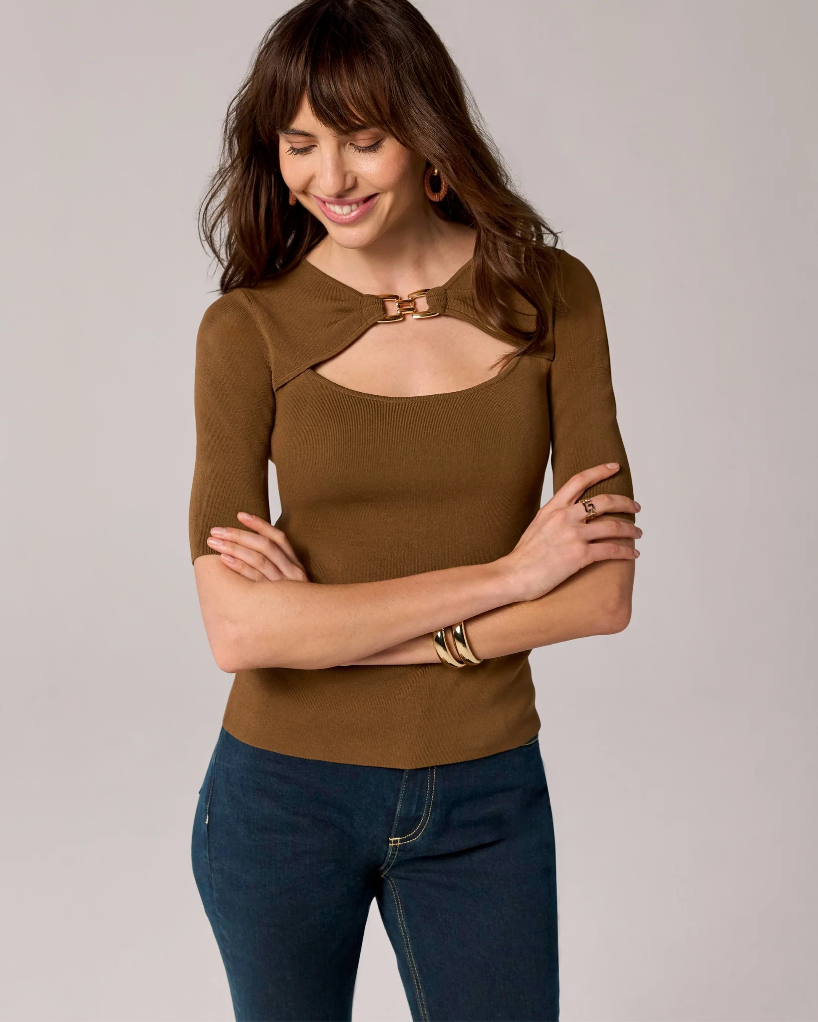 Hardware Detail Keyhole Elbow Sleeve Sweater - Smockey Tobacco | Boston Proper