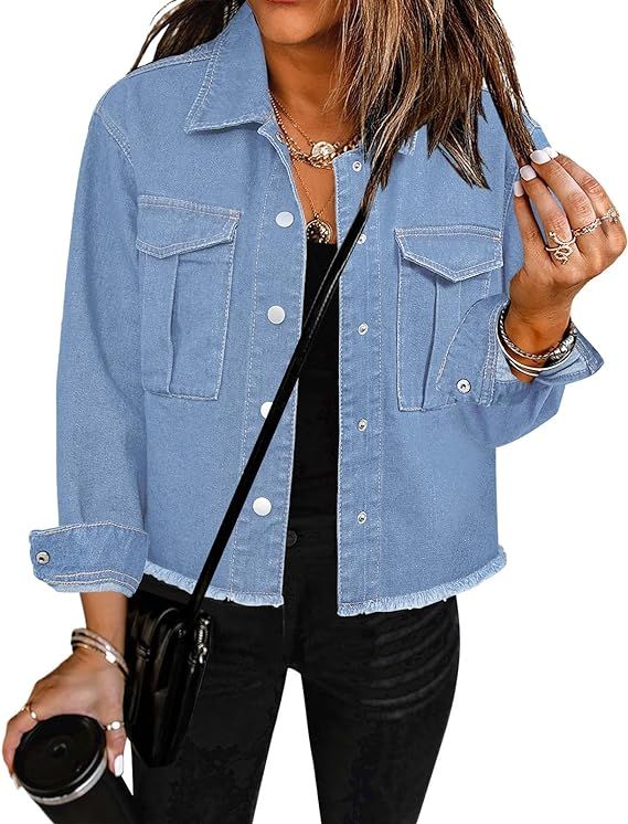 luvamia Jean Jacket Women Trendy Oversized Denim Jacket Raw Hem Long Sleeves Fashion Casual Jacke... | Amazon (US)