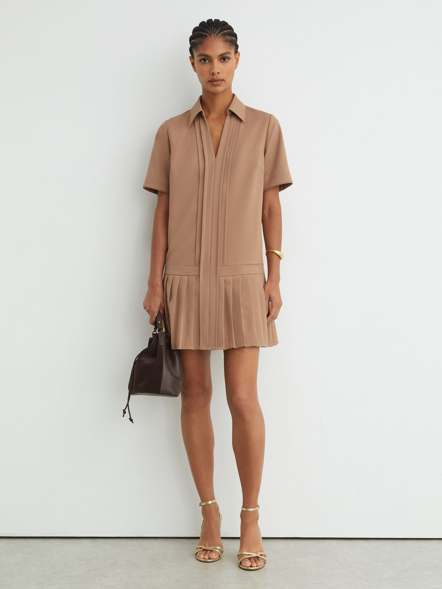 Reiss Pleated-Skirt Collared Mini Dress in Camel | REISS | Reiss US