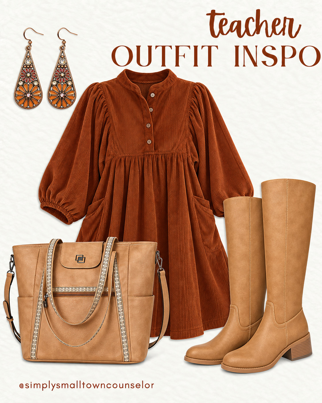 teacher outfit inspo 🤎 A rust corduroy dress, tall boots & the prettiest fall earrings! Add a roomy tote for a cute classroom look in warm fall colors. 🍂 

 #LTKootd #LTKMidsize #LTKWorkwear
