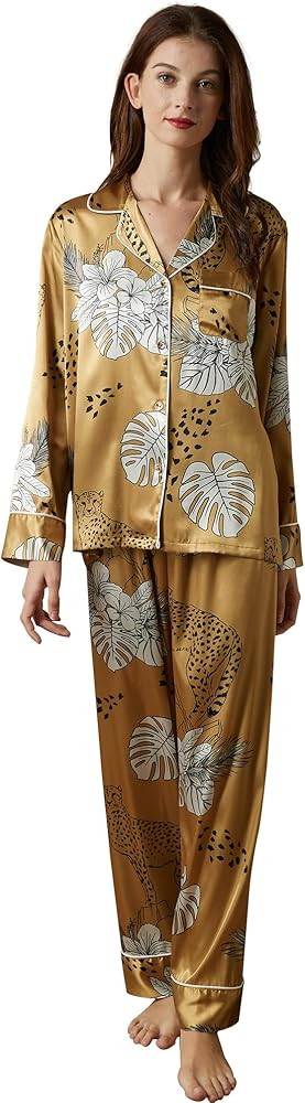 Belle Heure Women’s Silk Satin Classic Long Sleeve Pajamas Button down Silky Floral Animals Pat... | Amazon (US)