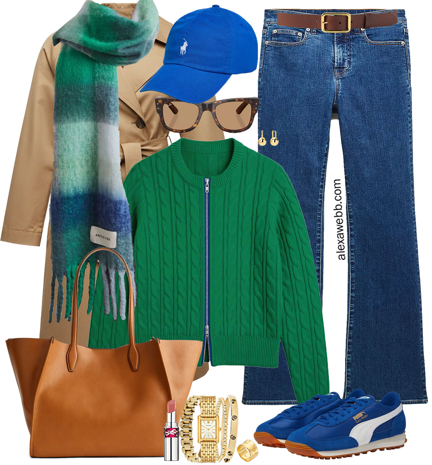 Plus Size Green Cable Knit Cardigan Outfit - A preppy outfit for fall with a zip front cable knit cardigan in a bright green with dark wash bootcut jeans, blue sneakers, blue and green plaid scarf, and a trench coat. Keep it sporty with a blue baseball cap. Alexa Webb #plussize  

 #LTKootd #LTKOver40 #LTKPlusSize