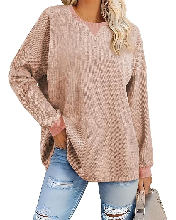 AlvaQ Womens Oversized Sweatshirts 2024 Casual Crewneck Long Sleeve Waffle Knit Tops Pullover Jum... | Amazon (US)