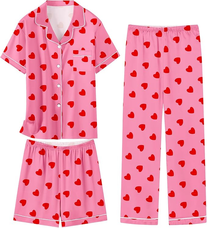 Schbbbta Girls 3 Pieces Pajamas Sets Silk Satin Sleepwear Button Down Short Sleeve Pjs Outfits | Amazon (US)
