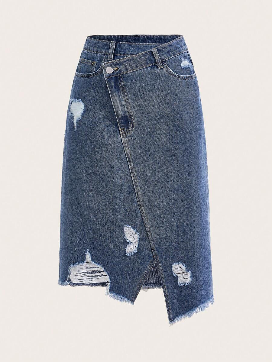 SHEIN EZwear Ripped Asymmetrical Hem Denim Skirt | SHEIN
