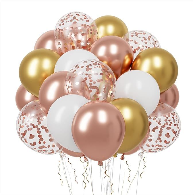 RUBFAC 65pcs 12 Inches White Rose Gold Confetti Balloons Kit, Metallic Rose Gold and White Party ... | Amazon (US)