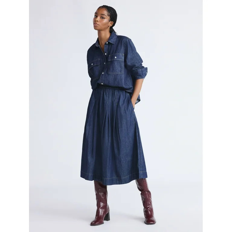 Free Assembly Women's Pull On Pleated Denim Maxi Skirt, Sizes XS-XXL | Walmart (US)