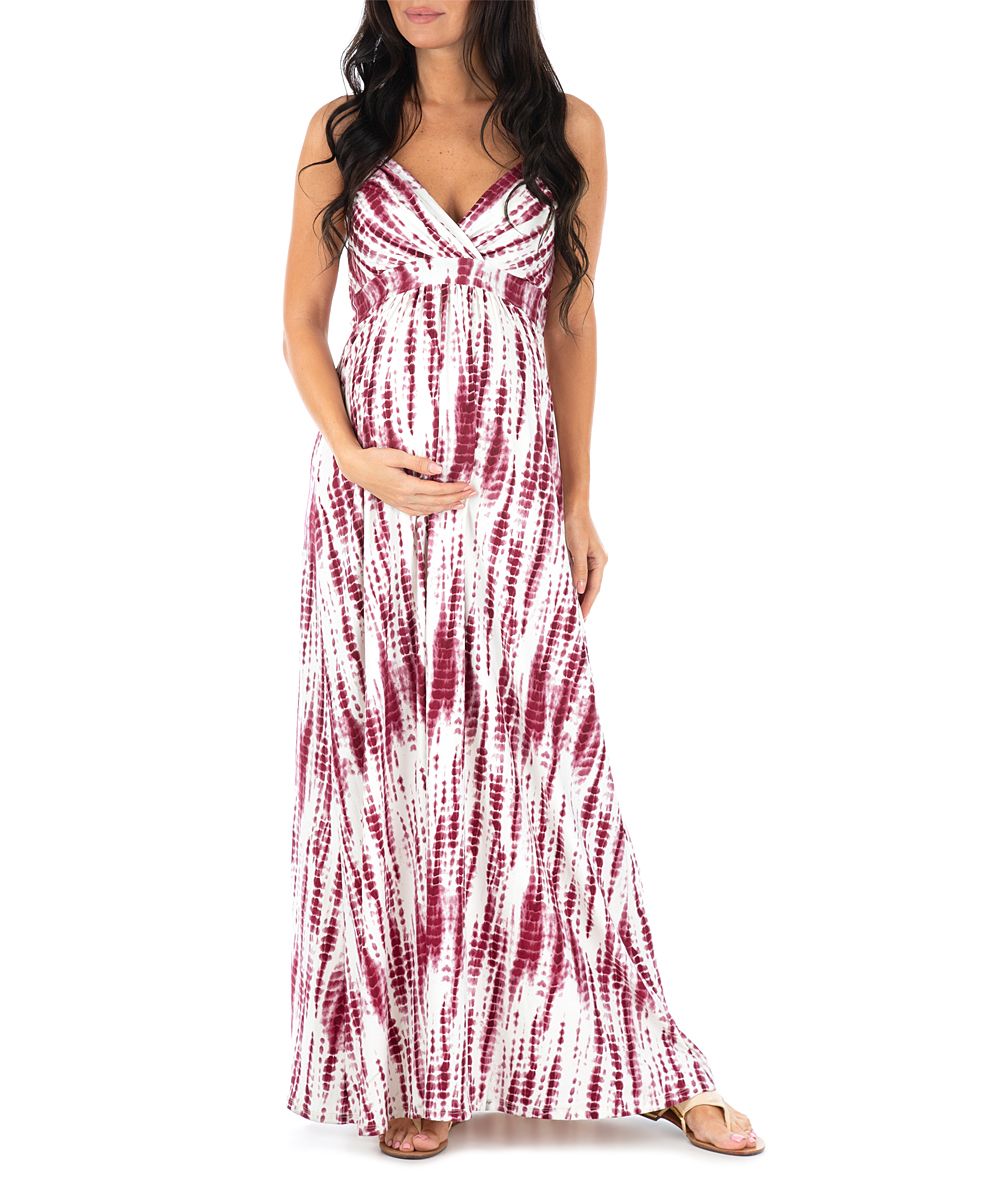 Burgundy & White Tie-Dye Stripe Surplice Maternity Maxi Dress | zulily