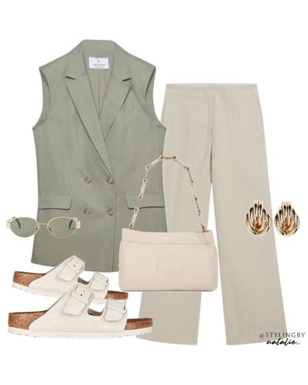 Green linen waistcoat, cropped linen trousers, Birkenstock Arizona suede sandals, Anine Bing bag, gold earrings and celine sunglasses.
Casual chic, everyday outfit, Spring summer outfit.

#LTKsummer #LTKstyletip #LTKeurope