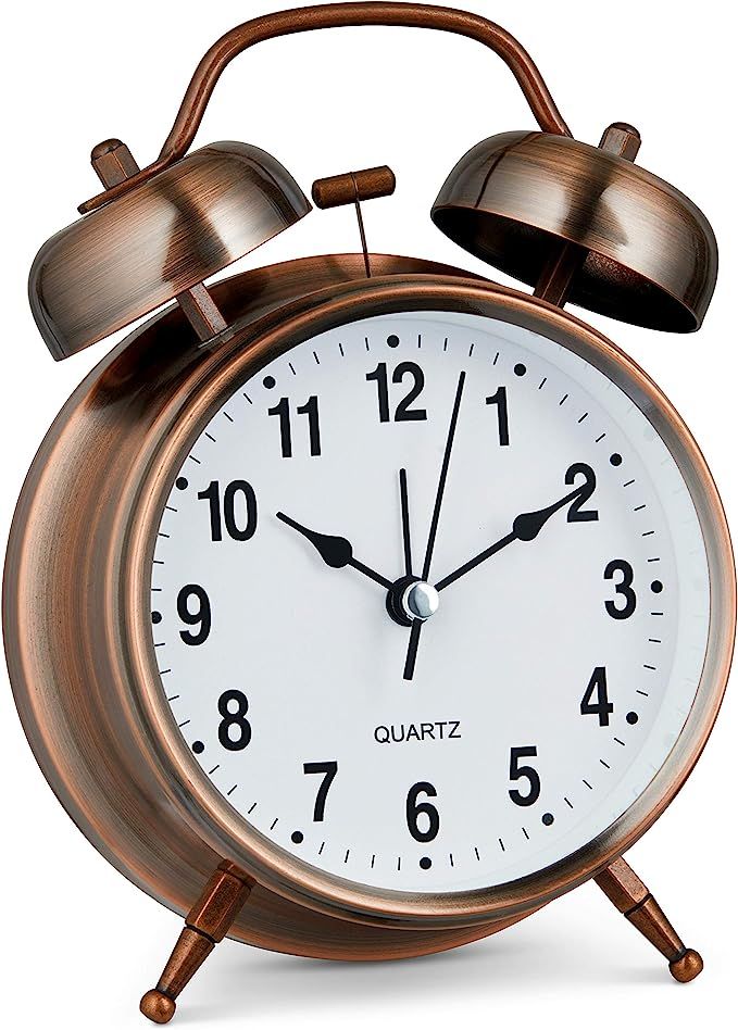 Bernhard Products Analog Alarm Clock Twin Bell Retro Copper Metal 4" Extra Loud Quartz Battery Op... | Amazon (US)