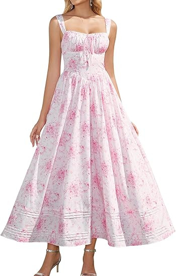 HTZMO Floral Summer Wedding Guest Party Long Dress Square Neck A Line Casual Vacation Milkmaid Ma... | Amazon (US)
