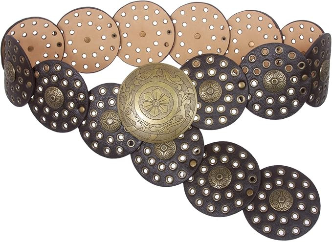 beltiscool 3 1/2" (90 mm) Wide Ladies Wide Boho Disc Concho Leather Belt | Amazon (US)