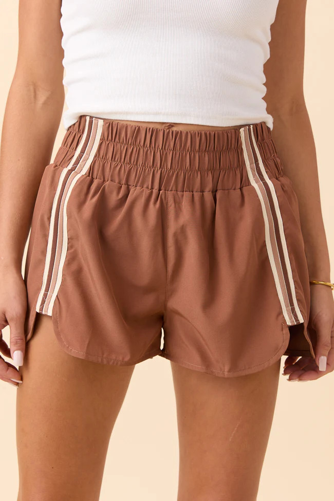 Tempest Mocha Striped Trim Detail Active Shorts | Pink Lily