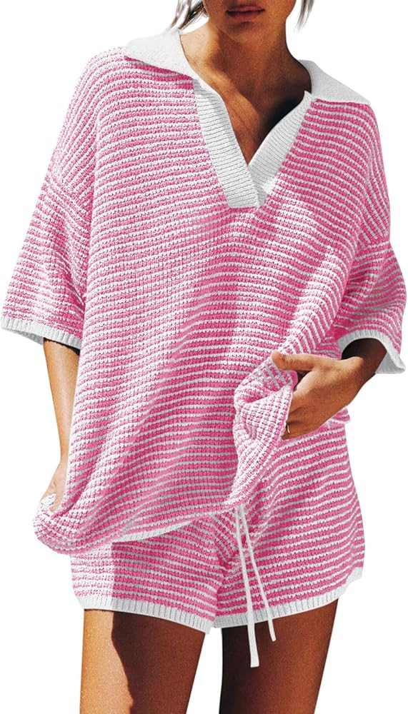 Tankaneo Womens Sweater Set 2 Piece Outfits Oversized 3/4 Sleeve V Neck Knit Tops High Waisted Sh... | Amazon (US)