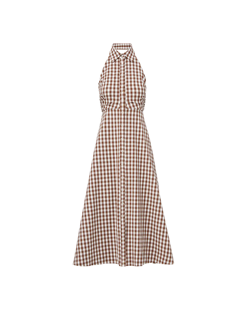 Mackey Gingham Seersucker Halter Dress in Light Chicory/Dove | Veronica Beard | Veronica Beard
