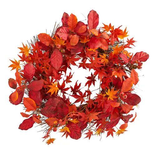 NEARLY NATURAL 22-in Japanese Maple, Magnolia Leaf and Berries Artificial Wreath in Red/orange at Nordstrom | Nordstrom