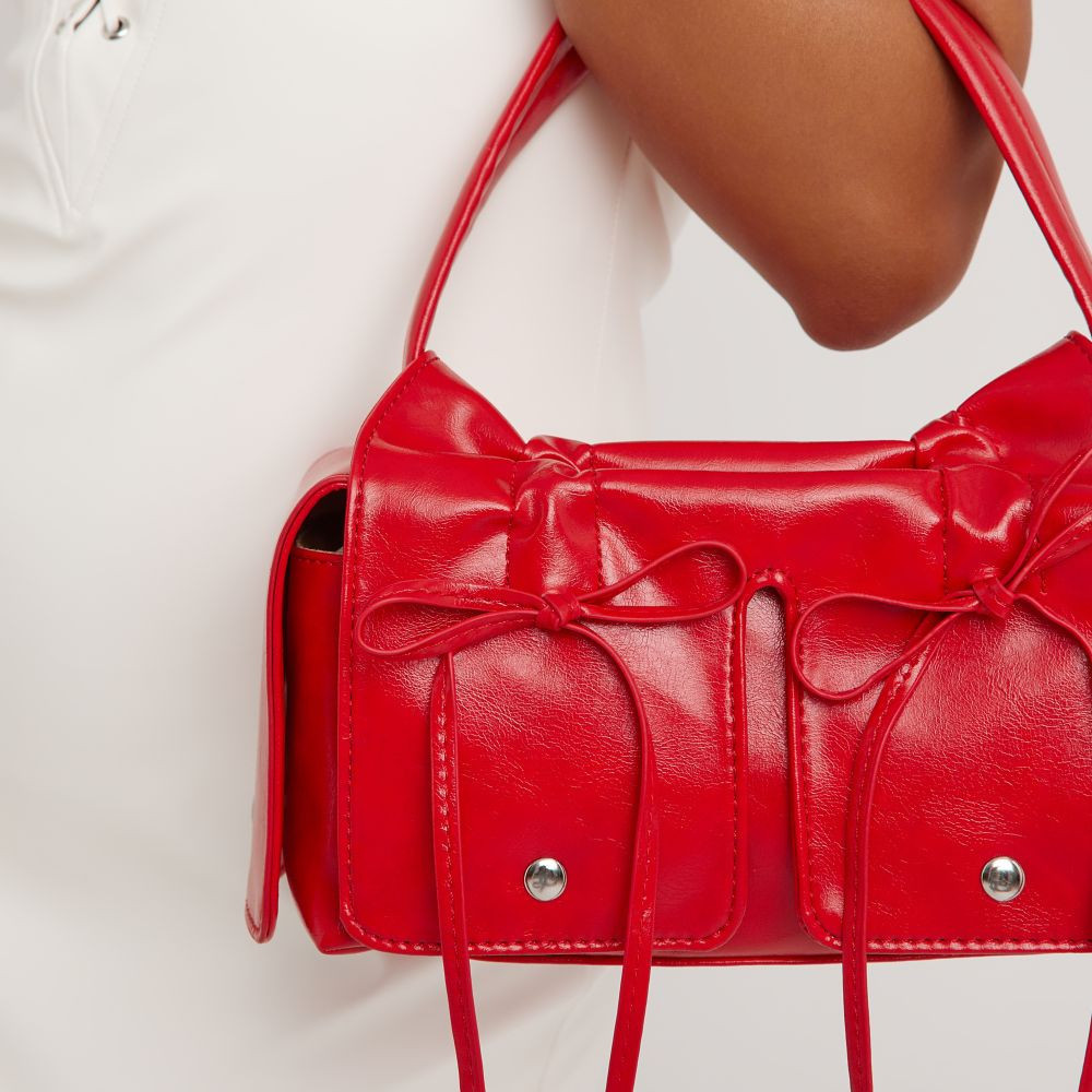 Andy Multi Pocket Ruched Bow Detail Shaped Shoulder Bag In Red Faux Leather | EGO Shoes (US & Canada)