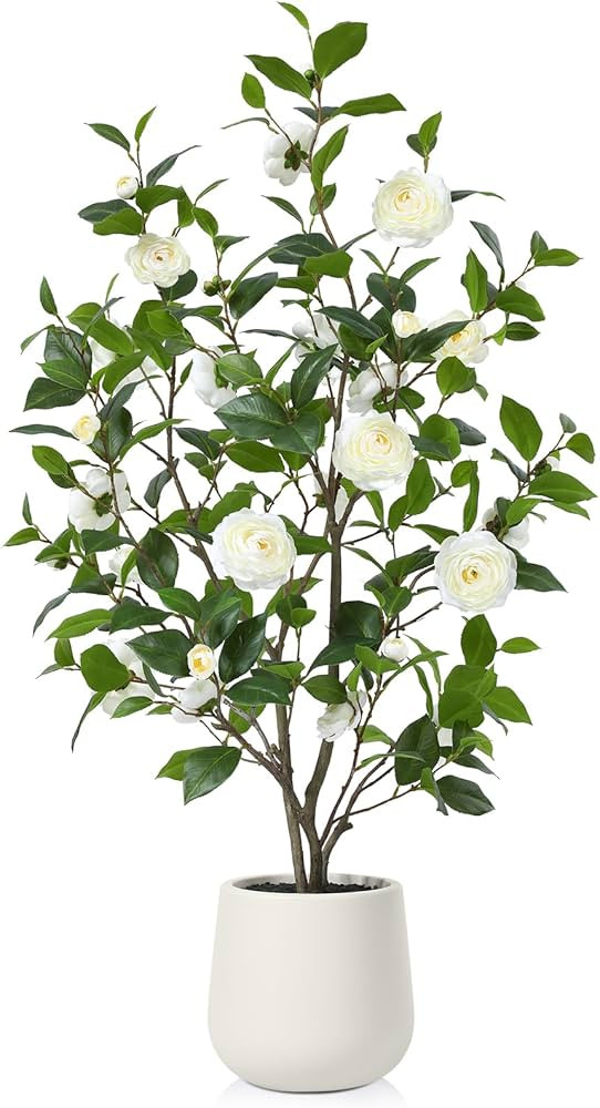 Artificial Camellia Tree, 4FT Faux Plant with Realistic White Silk Flower, Tall Artificial Plants... | Amazon (US)